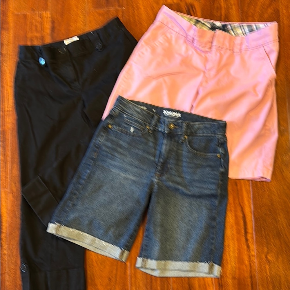Pink, and Denim Shorts, black capris Trio